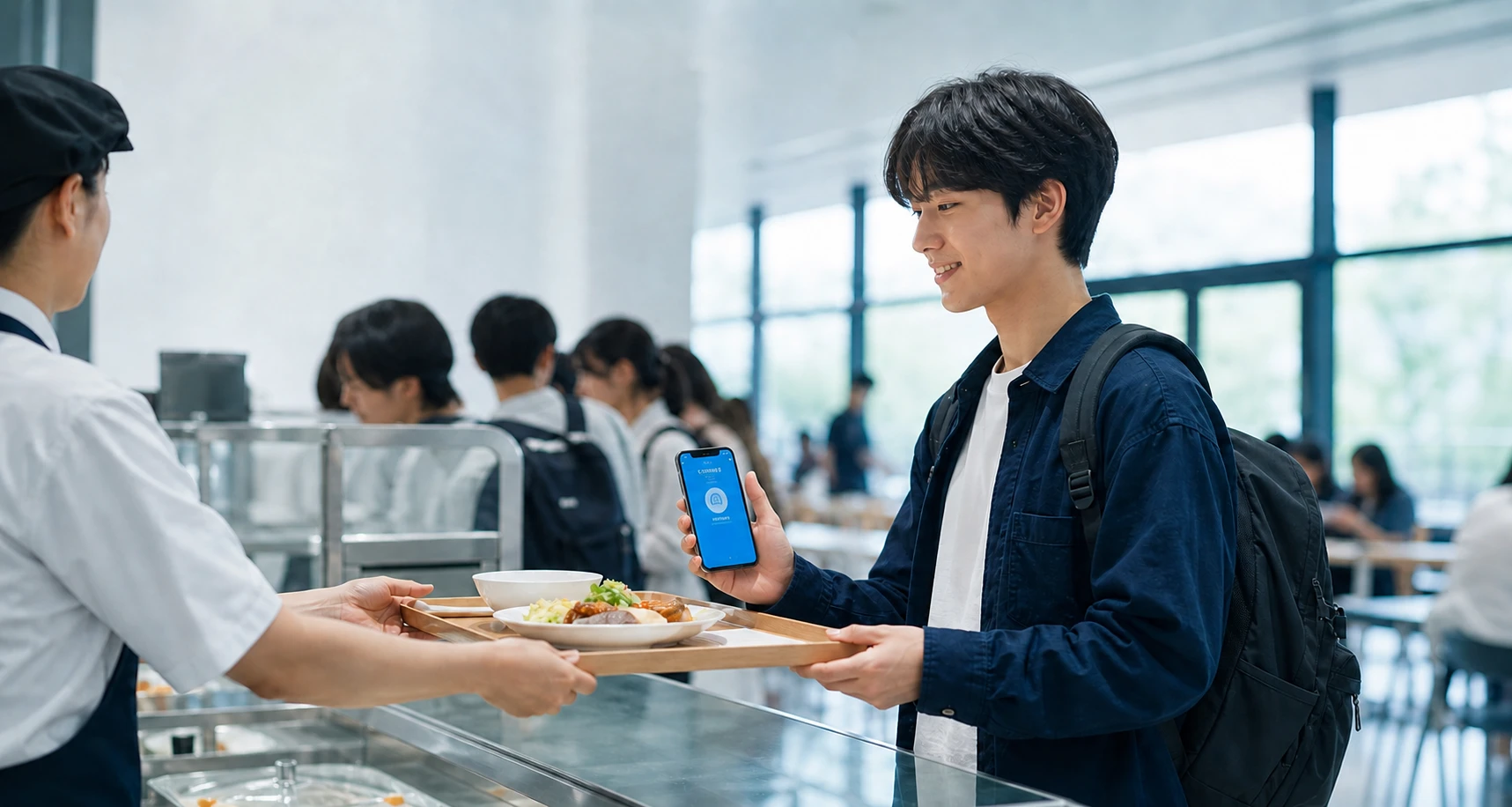 スマートフォンを提示し、学食で食事を受け取る学生